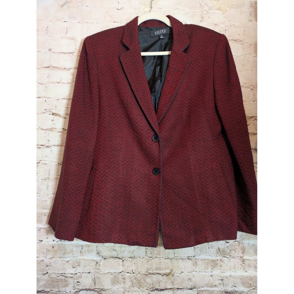 Vintage Kasper Blazer 16 Black & Red Zig Zag Textured Pattern Two Button Plus